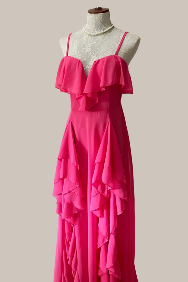 Straps Hot Pink Ruffle Chiffon Maxi Dress