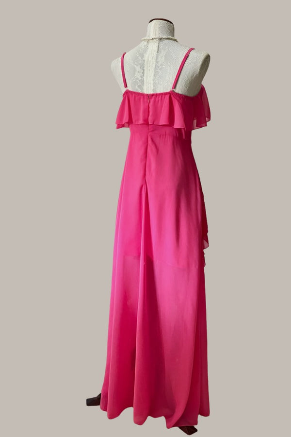 Straps Hot Pink Ruffle Chiffon Maxi Dress