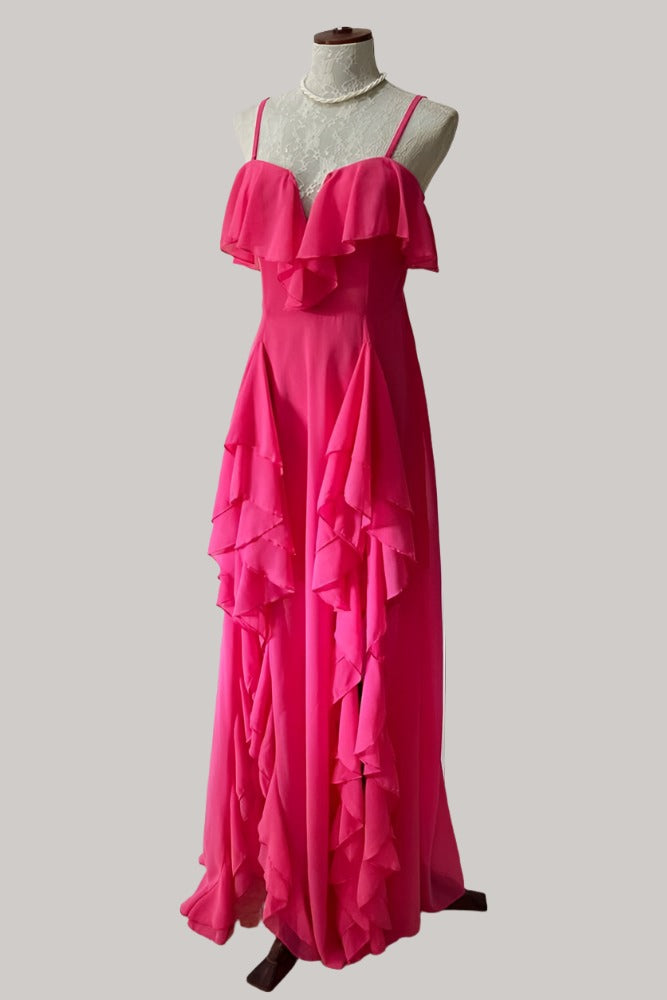 Straps Hot Pink Ruffle Chiffon Maxi Dress – FancyVestido