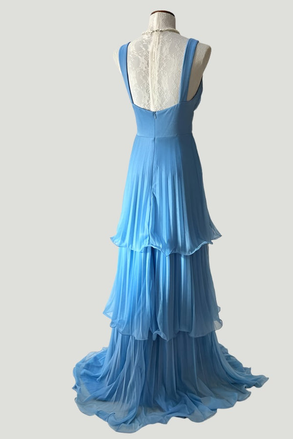 Straps Blue Corset Pleated Tiered Maxi Dress