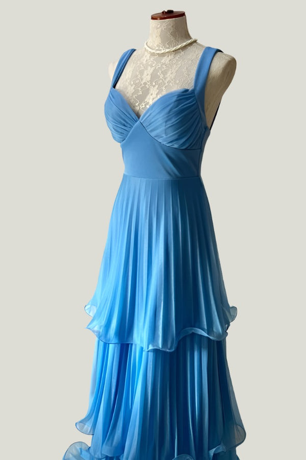 Straps Blue Corset Pleated Tiered Maxi Dress