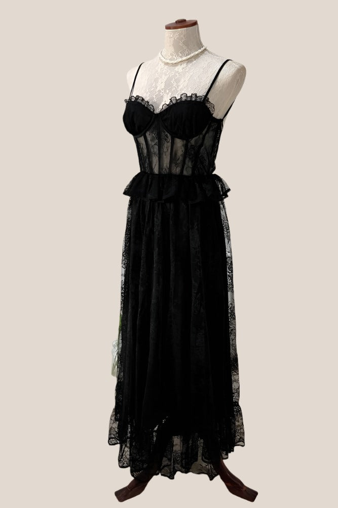 chinese dress ladies Straps Black Sheer Lace Corset Maxi Dress – FancyVestido