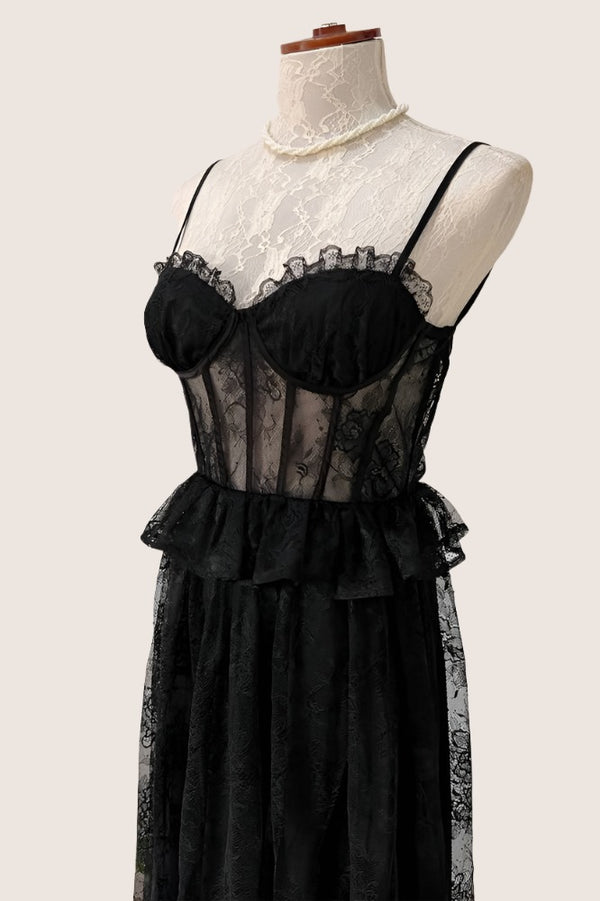 Straps Black Sheer Lace Corset Maxi Dress