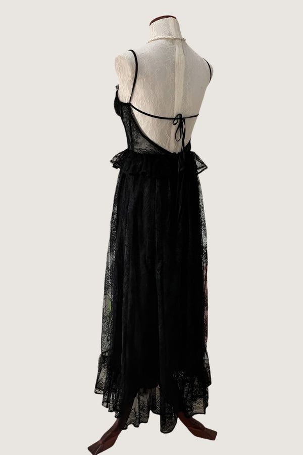 Straps Black Sheer Lace Corset Maxi Dress