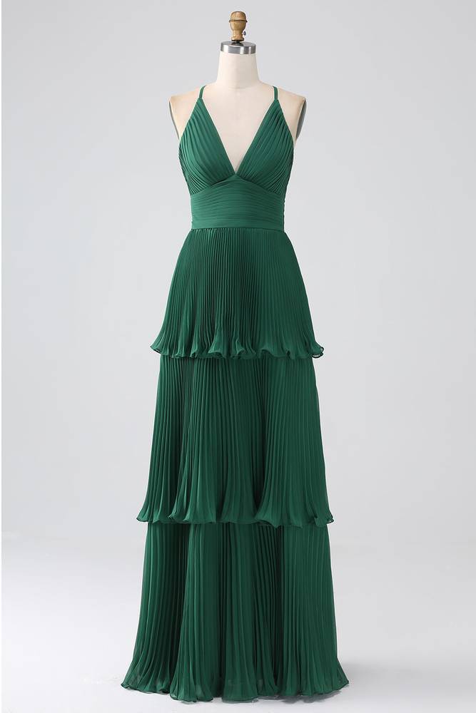 V-Neck Emerald Green Empire Pleated Tiered Maxi Dress  FancyVestido