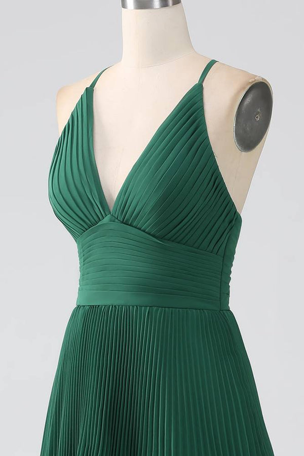 V-Neck Emerald Green Empire Pleated Tiered Maxi Dress