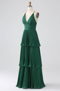 V-Neck Emerald Green Empire Pleated Tiered Maxi Dress