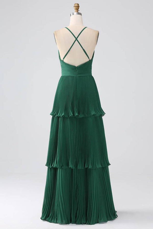V-Neck Emerald Green Empire Pleated Tiered Maxi Dress