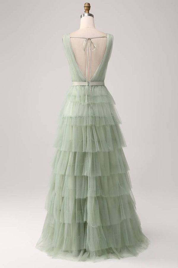 V-Neck Sage Green Tiered A-Line Maxi Dress