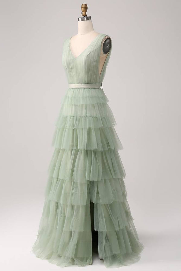 V-Neck Sage Green Tiered A-Line Maxi Dress