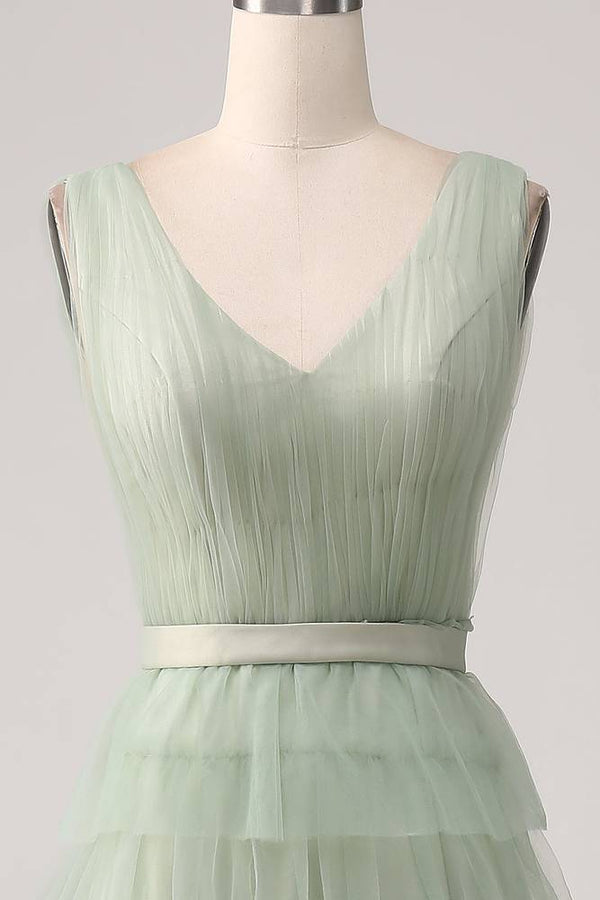 V-Neck Sage Green Tiered A-Line Maxi Dress