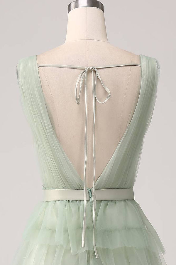 V-Neck Sage Green Tiered A-Line Maxi Dress
