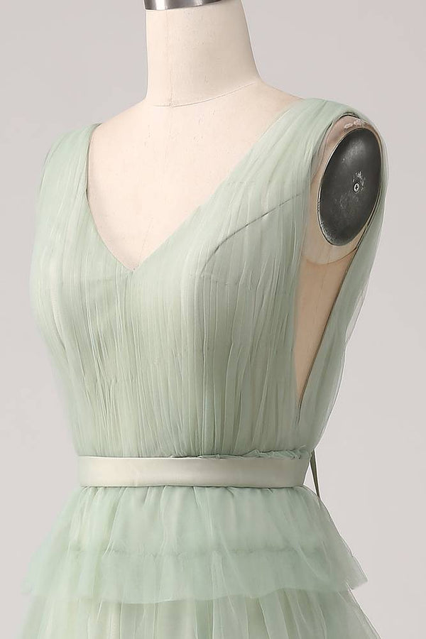 V-Neck Sage Green Tiered A-Line Maxi Dress