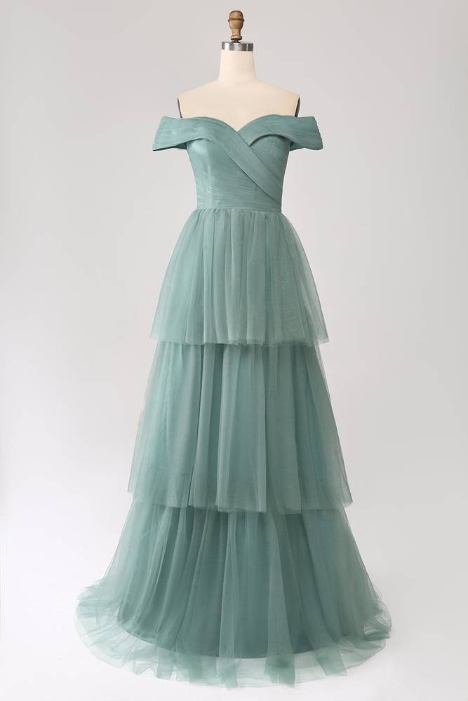 Off the Shoulder Dusty Green Layered Tulle Maxi Dress FancyVestido Off the Shoulder Dusty Green Layered Tulle Maxi Dress FancyVestido