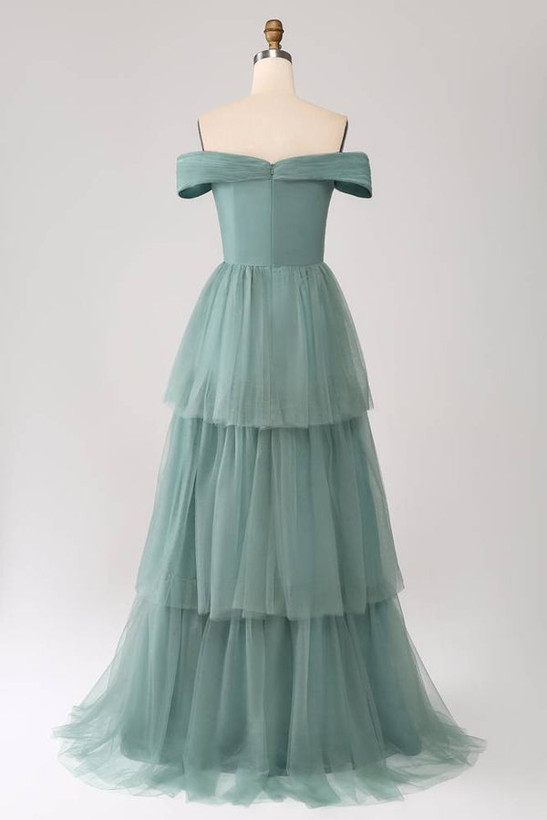 Off the Shoulder Dusty Green Layered Tulle Maxi Dress