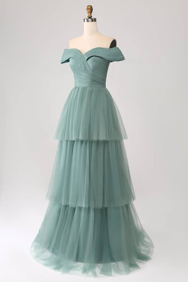 Off the Shoulder Dusty Green Layered Tulle Maxi Dress