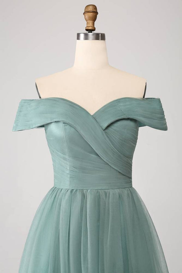 Off the Shoulder Dusty Green Layered Tulle Maxi Dress