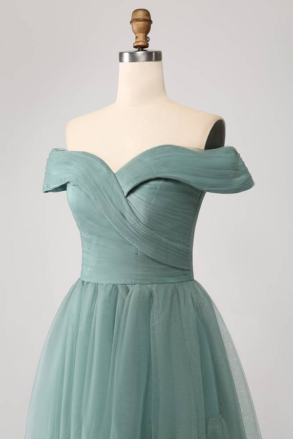 Off the Shoulder Dusty Green Layered Tulle Maxi Dress