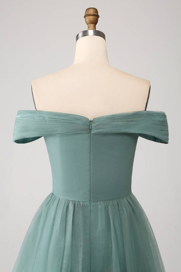 Off the Shoulder Dusty Green Layered Tulle Maxi Dress
