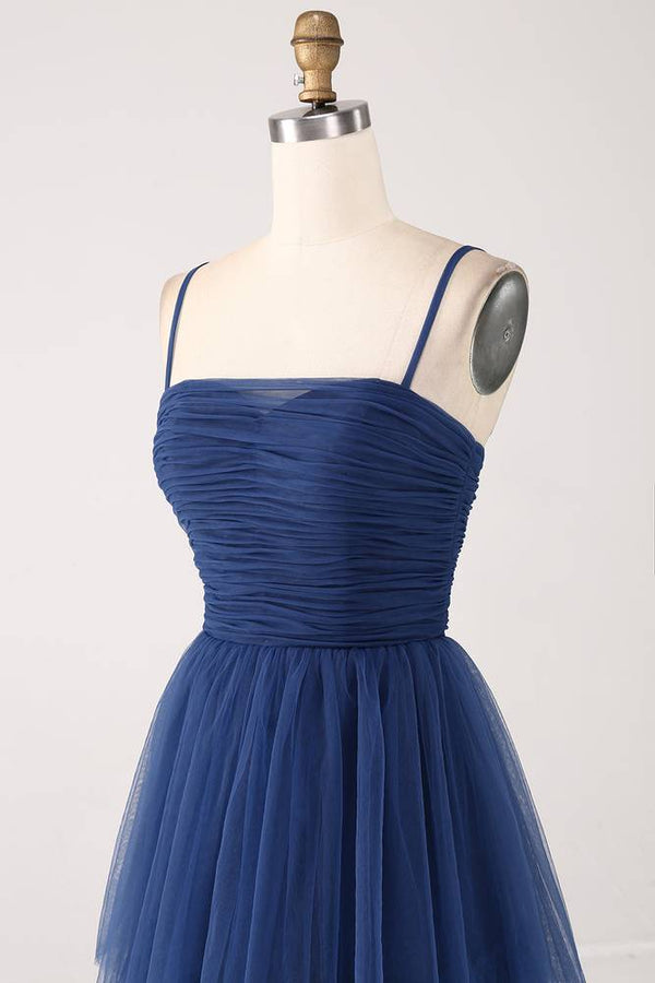 Straps Navy Blue Lace-Up Layered Maxi Dress