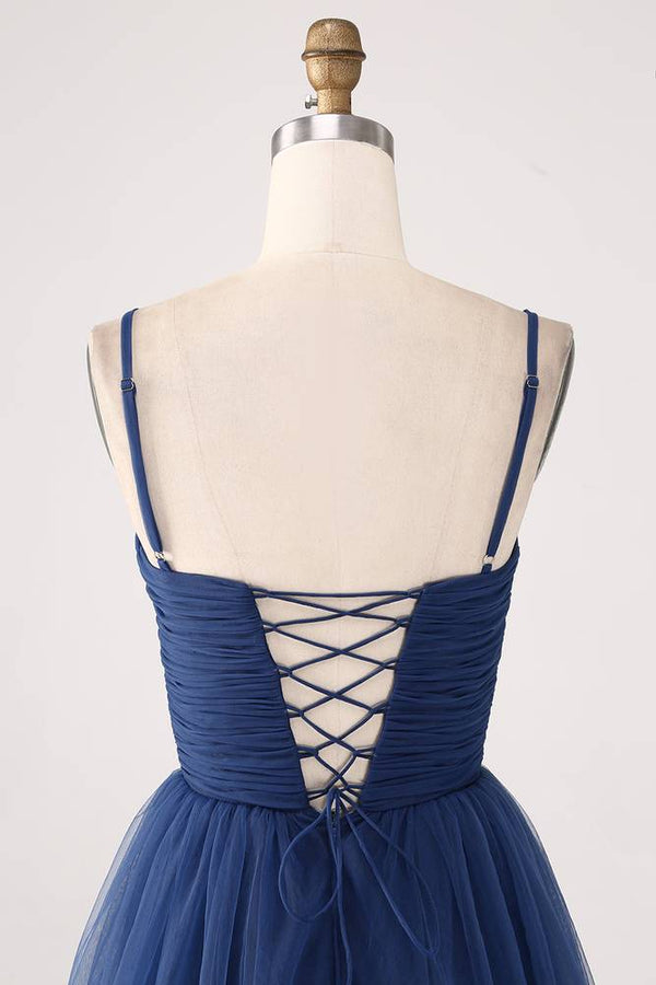 Straps Navy Blue Lace-Up Layered Maxi Dress