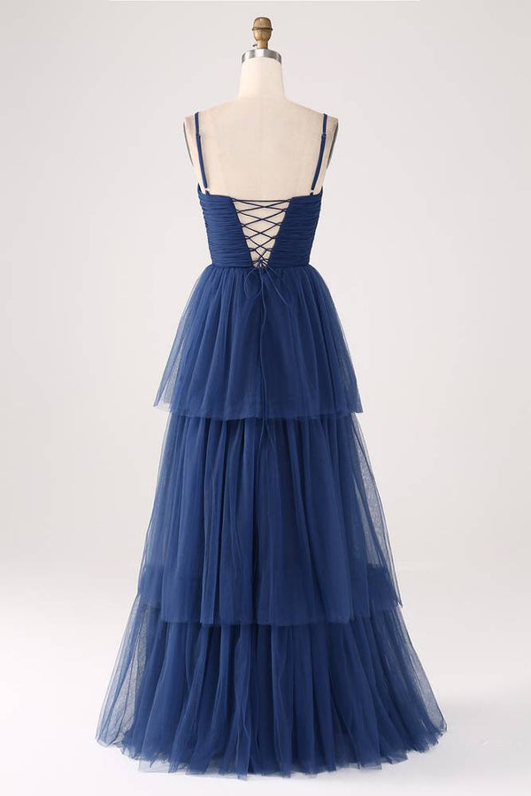 Straps Navy Blue Lace-Up Layered Maxi Dress