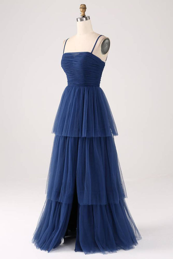 Straps Navy Blue Lace-Up Layered Maxi Dress