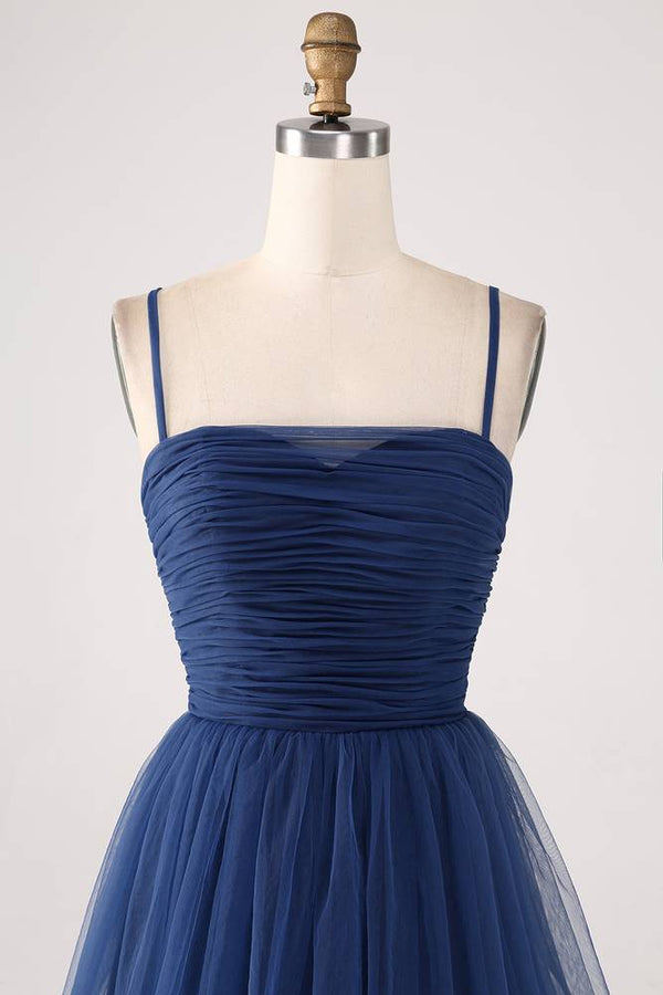 Straps Navy Blue Lace-Up Layered Maxi Dress