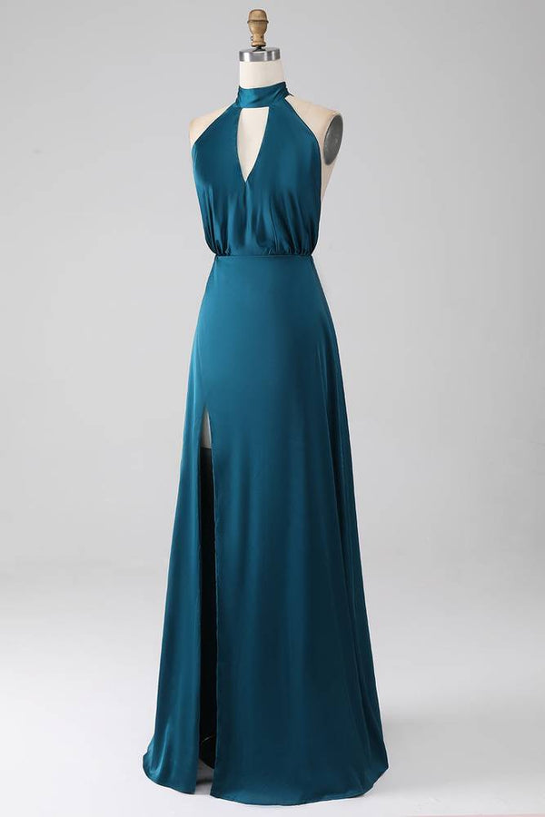 Teal High Neck Keyhole A-Line Slit Maxi Dress