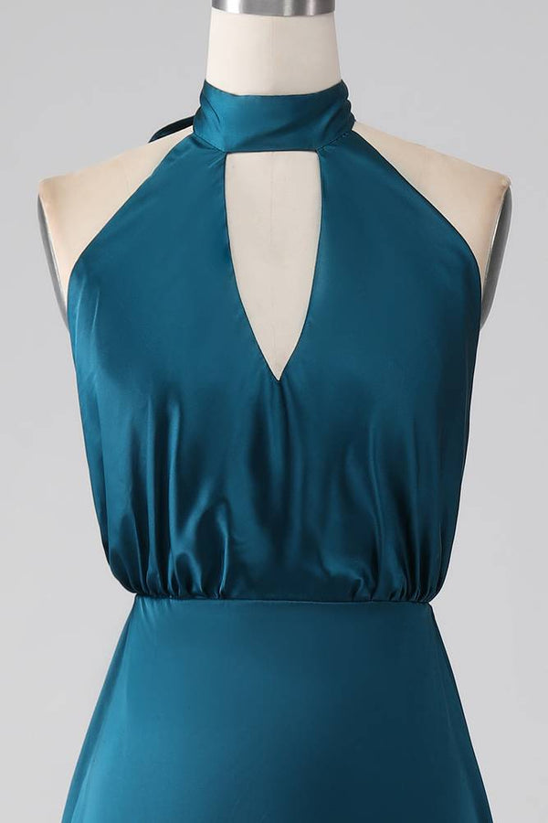 Teal High Neck Keyhole A-Line Slit Maxi Dress