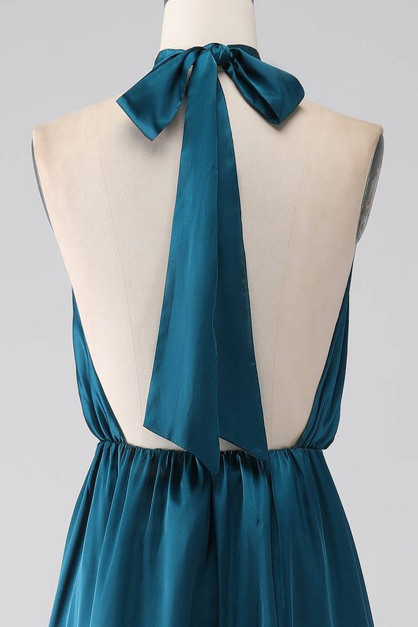 Teal High Neck Keyhole A-Line Slit Maxi Dress
