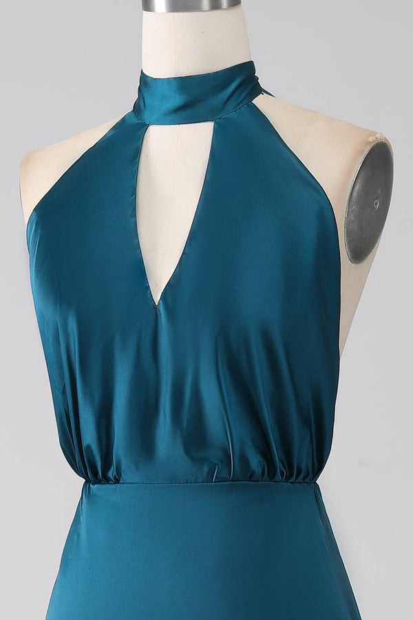 Teal High Neck Keyhole A-Line Slit Maxi Dress