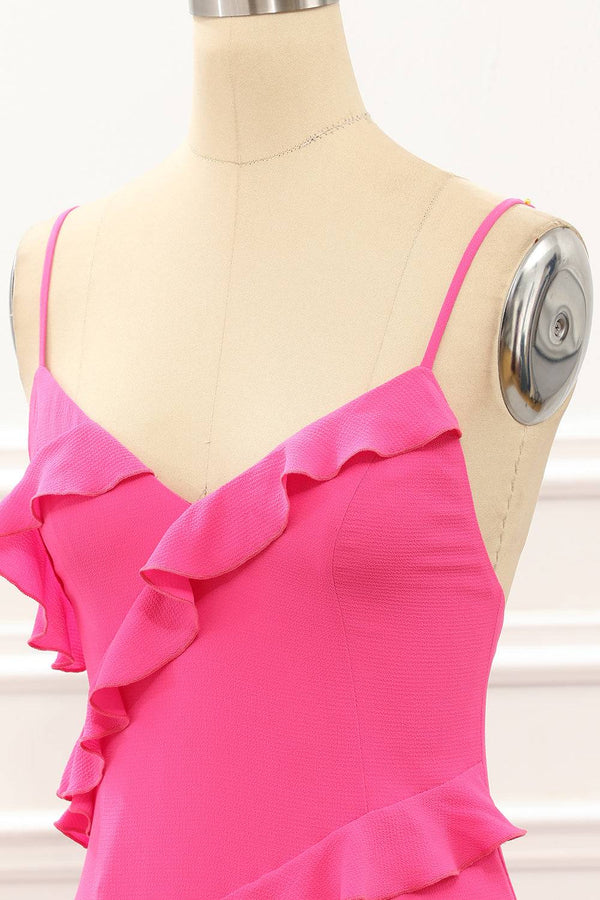 V-Neck Straps Hot Pink Ruffle Maxi Dress with Slit