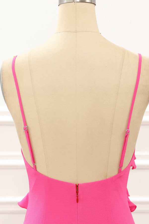 V-Neck Straps Hot Pink Ruffle Maxi Dress with Slit