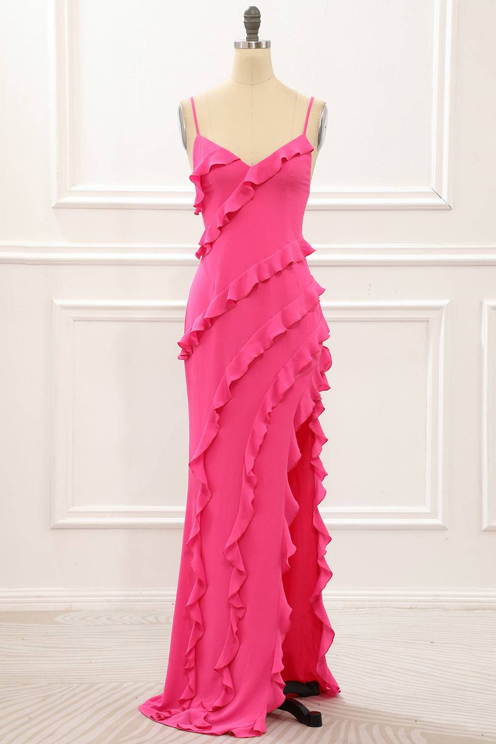V-Neck Straps Hot Pink Ruffle Maxi Dress with Slit  FancyVestido