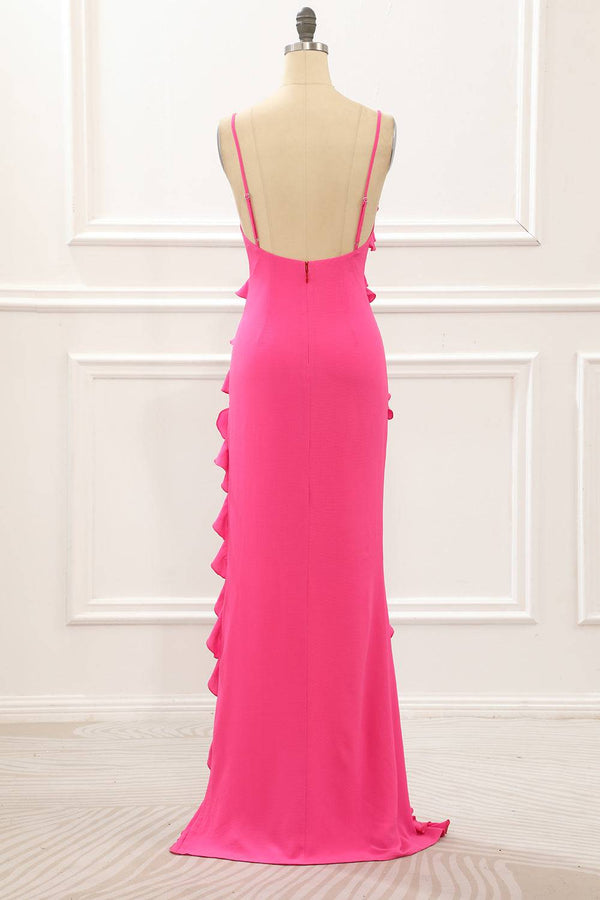 V-Neck Straps Hot Pink Ruffle Maxi Dress with Slit