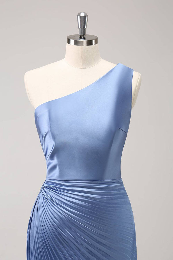 Blue One Shoulder Keyhole Ruched Satin Maxi Dress