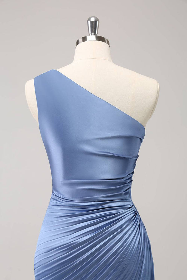 Blue One Shoulder Keyhole Ruched Satin Maxi Dress