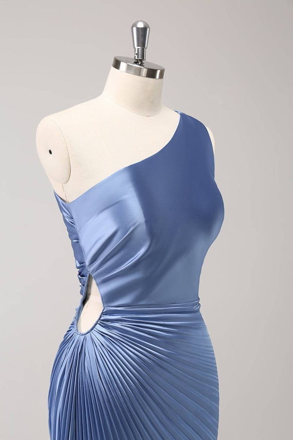 Blue One Shoulder Keyhole Ruched Satin Maxi Dress