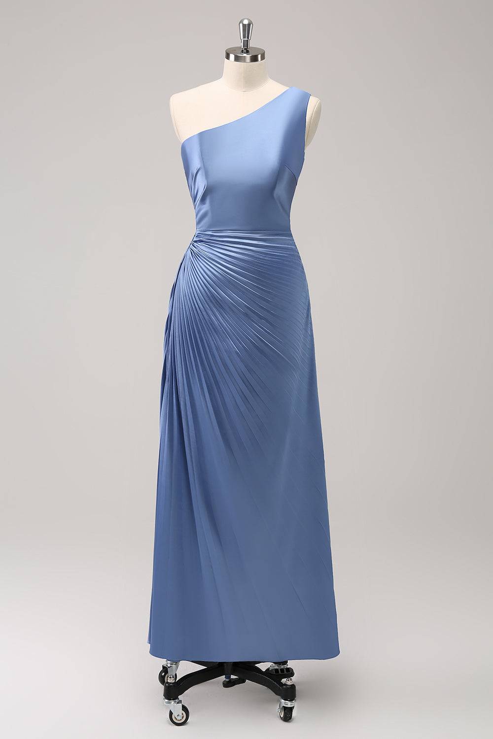 Blue One Shoulder Keyhole Ruched Satin Maxi Dress FancyVestido Blue One Shoulder Keyhole Ruched Satin Maxi Dress FancyVestido