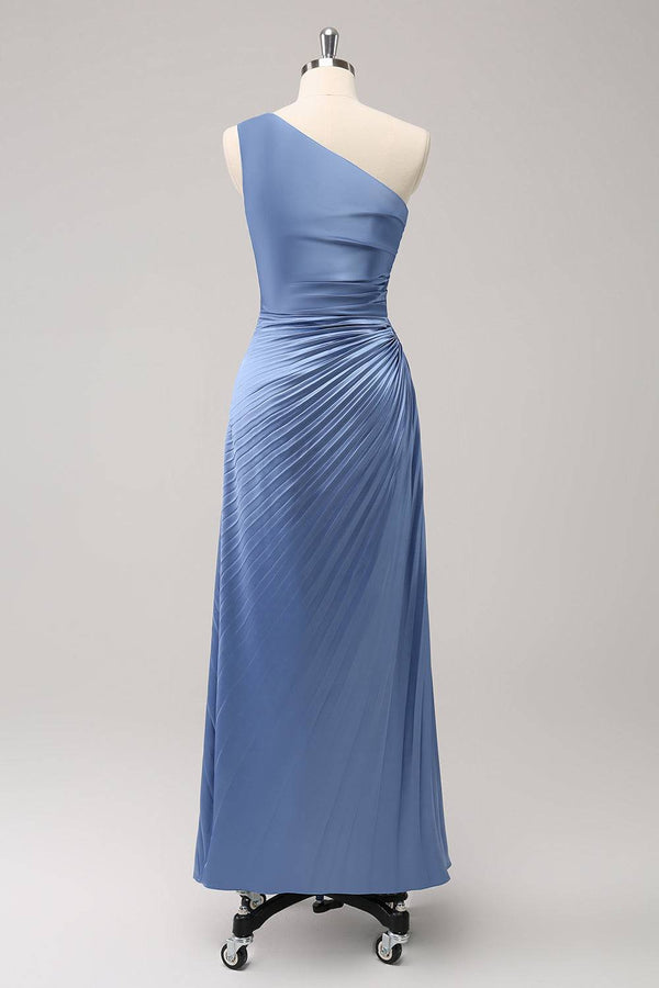Blue One Shoulder Keyhole Ruched Satin Maxi Dress