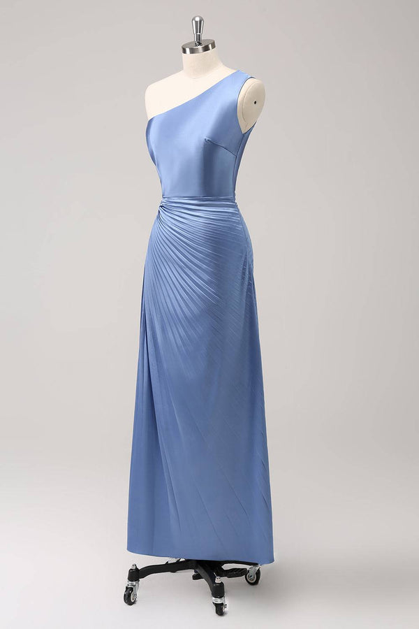 Blue One Shoulder Keyhole Ruched Satin Maxi Dress