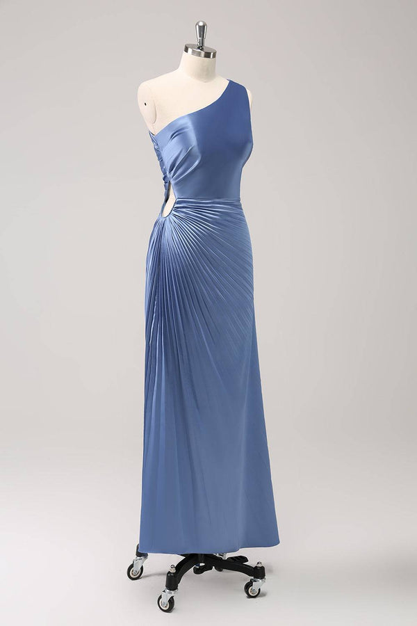 Blue One Shoulder Keyhole Ruched Satin Maxi Dress