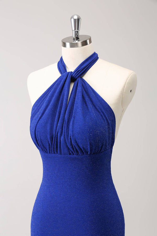 Sparkly Royal Blue Halter Mermaid Maxi Dress