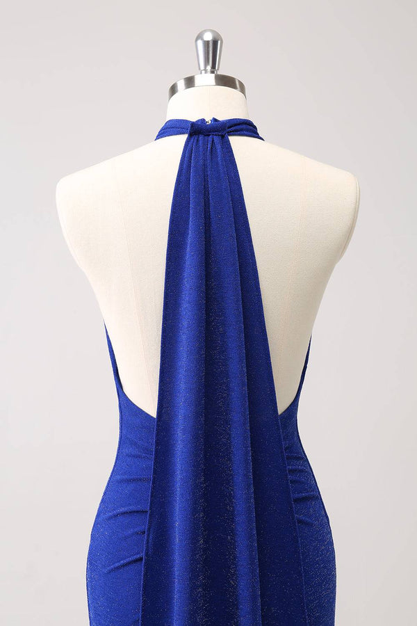 Sparkly Royal Blue Halter Mermaid Maxi Dress