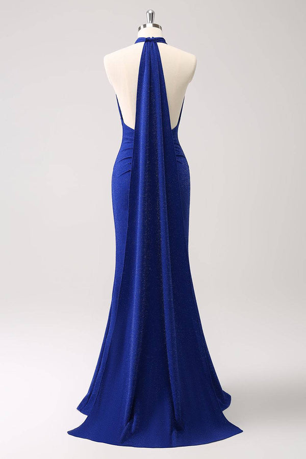 Sparkly Royal Blue Halter Mermaid Maxi Dress