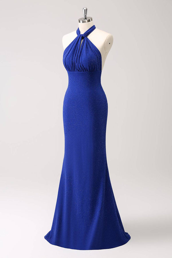 Sparkly Royal Blue Halter Mermaid Maxi Dress
