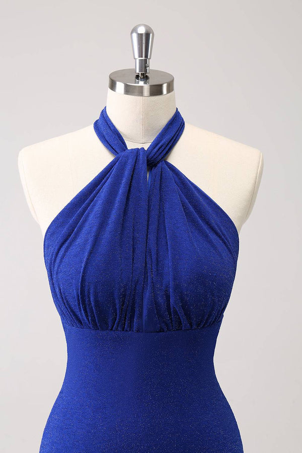 Sparkly Royal Blue Halter Mermaid Maxi Dress