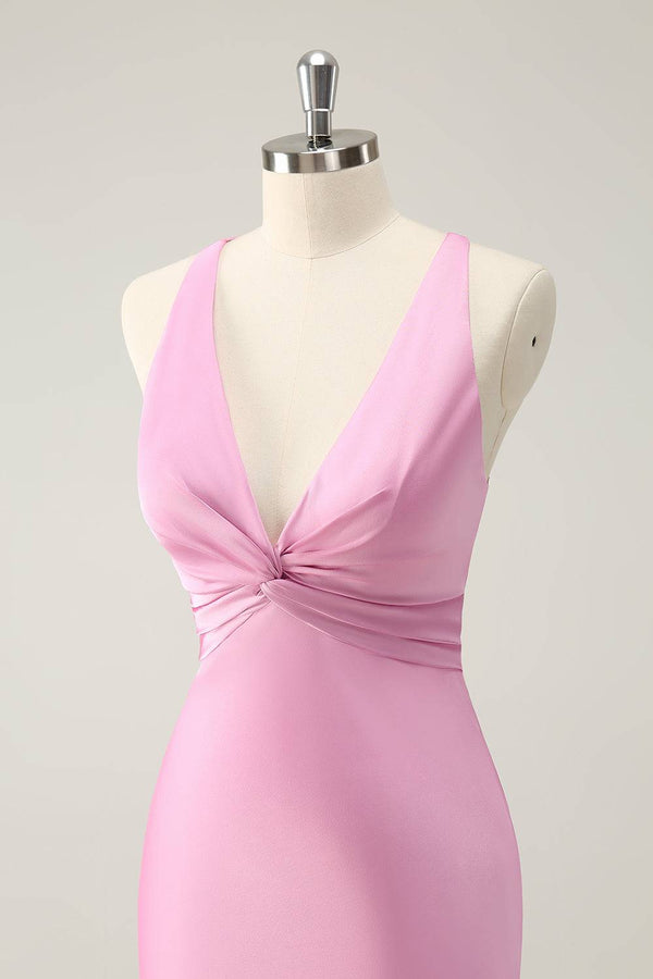 Plunging Neck Pink Twist  Mermaid Maxi Dress