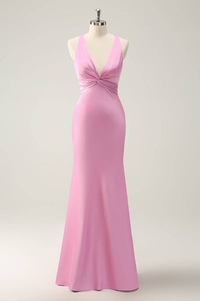Plunging Neck Pink Twist  Mermaid Maxi Dress